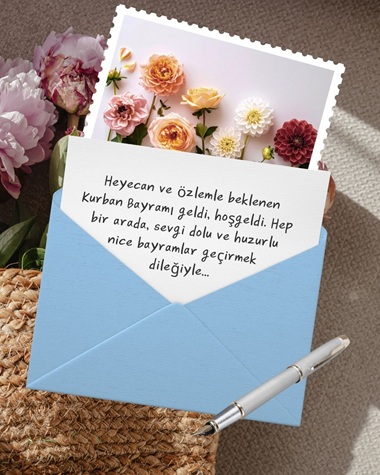 Mavi zarfta çiçekli Kurban Bayramı tebrik kartı ve bayram mesajı