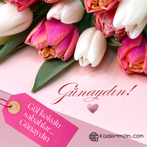 Günaydın görseli, güneş doğuşu ve çiçeklerle süslenmiş arka plan