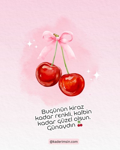 Pembe fonda kiraz çizimli günaydın mesajı görseli